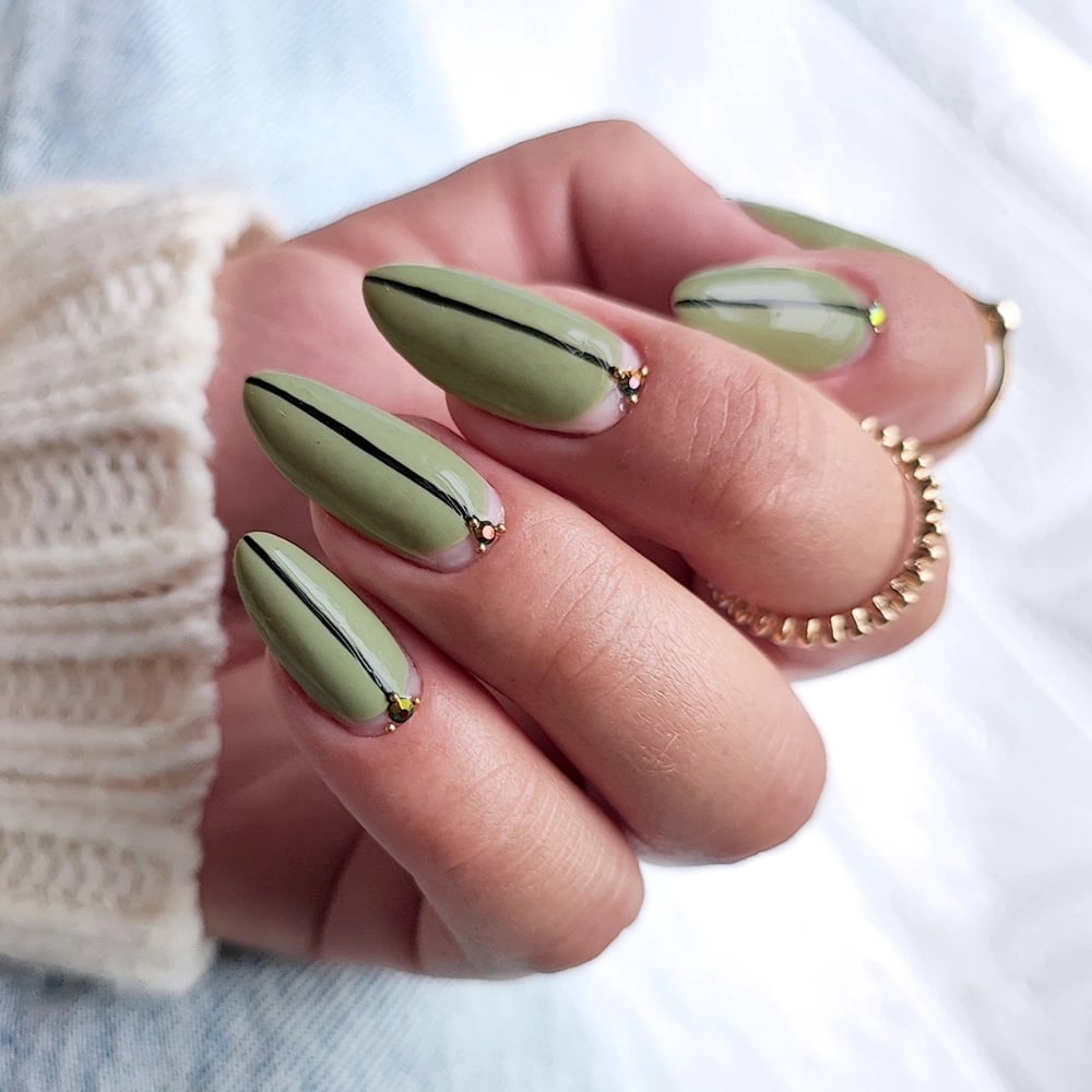 Muted Olive With Black Line Almond Nails — Nails for Olive Skin