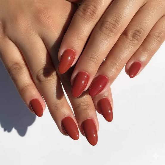 Rich Warm Terracotta Glossy Almond Nails — Nails for Olive Skin