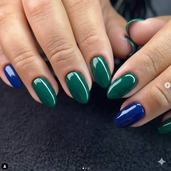 Deep Green And Navy Blue Glossy Nails — Nails for Olive Skin