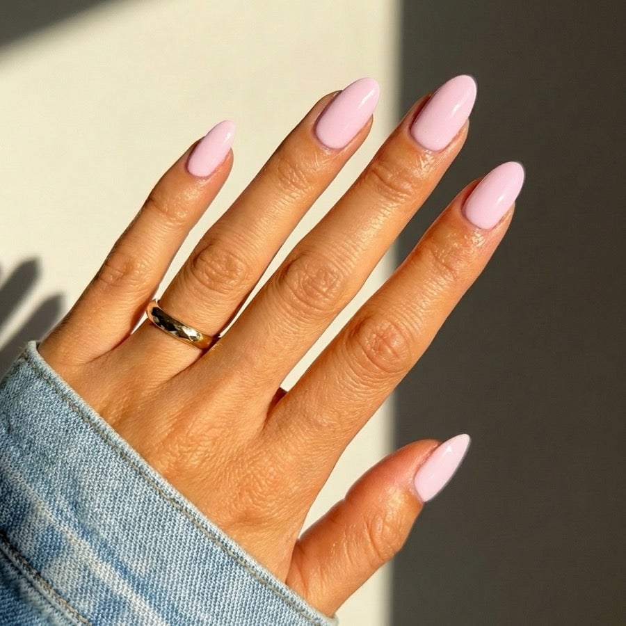 Opaque Pale Pink Short Almond Nails, Close-Up Take Opaque Pale Pink Short Almond Nails, Close-Up Take — Nails for Pale Skin