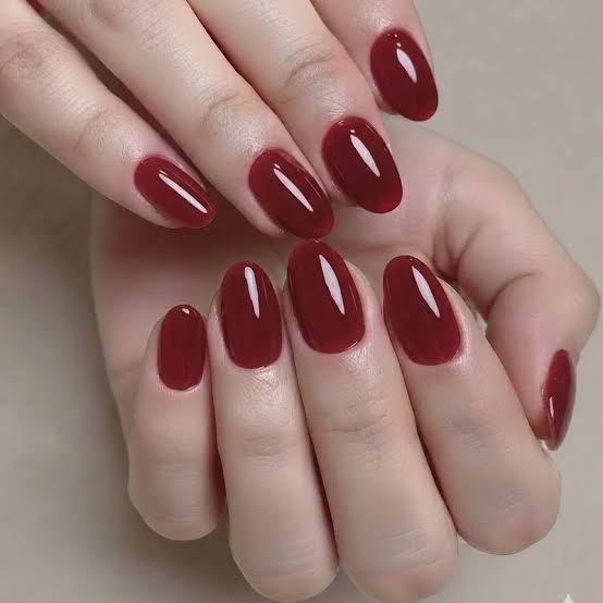 Deep Glossy Red Short Oval Nails Deep Glossy Red Short Oval Nails — Nails for Pale Skin
