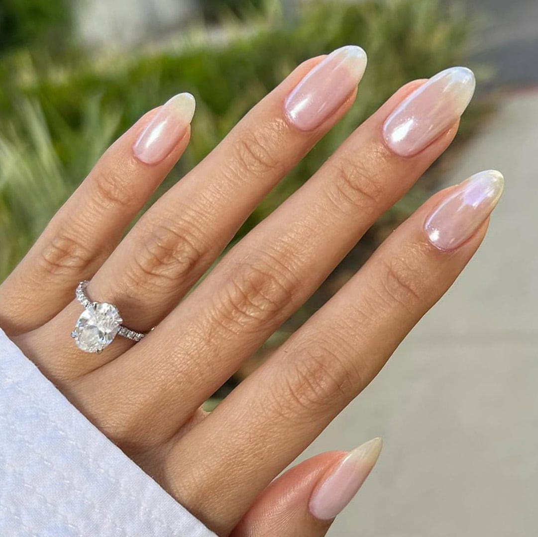 Pearlescent Milky Sheer White Medium Oval Nails Pearlescent Milky Sheer White Medium Oval Nails — Nails for Pale Skin