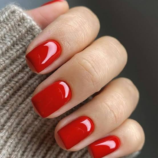 Vibrant Glossy Red Soft Square Short Nails Vibrant Glossy Red Soft Square Short Nails — Nails for Pale Skin