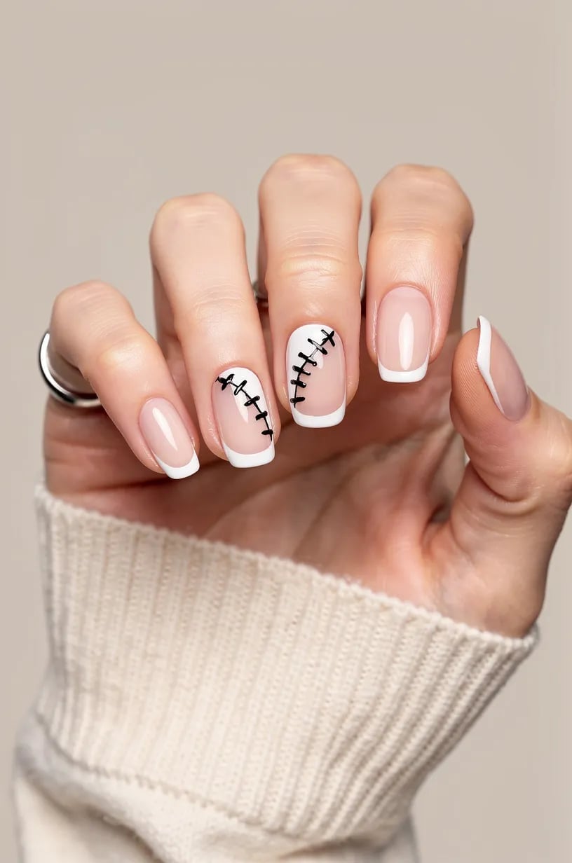 Stitch French Tip Short Square Nails Stitch French Tip Short Square Nails — Nails for Pale Skin