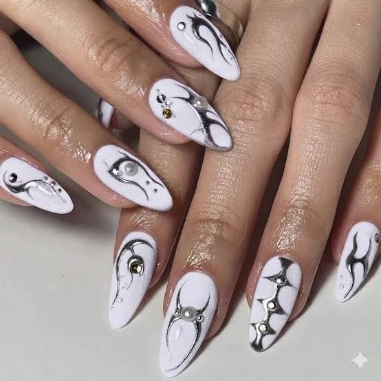 Abstract Black Flame Glossy Almond Nails Abstract Black Flame Glossy Almond Nails — Nails for Pale Skin
