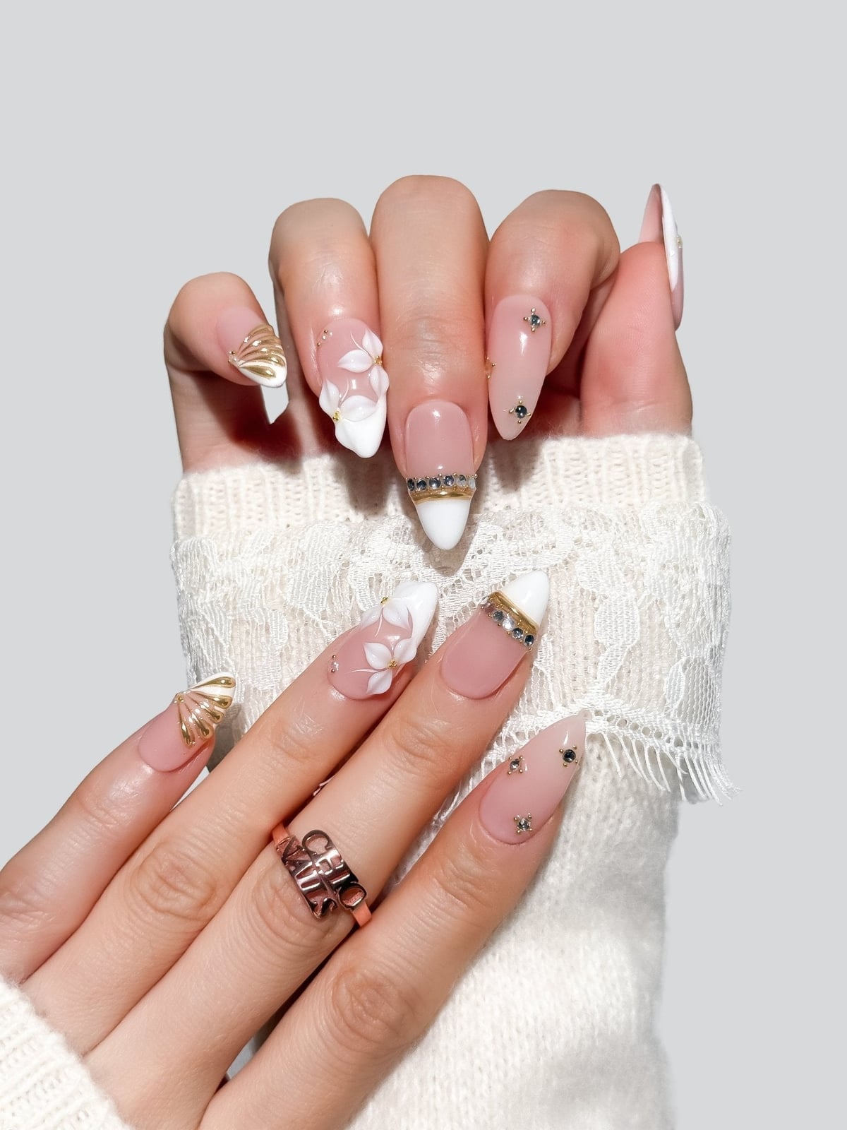 3D Floral Rhinestone French Medium Almond Nails 3D Floral Rhinestone French Medium Almond Nails — Nails for Pale Skin