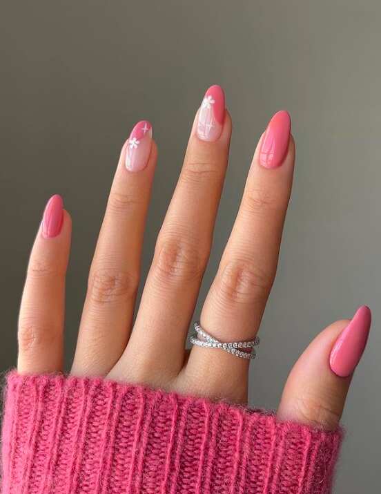 Medium Pink Clear Floral Decal Medium Almond Nails Medium Pink Clear Floral Decal Medium Almond Nails — Nails for Pink Dress