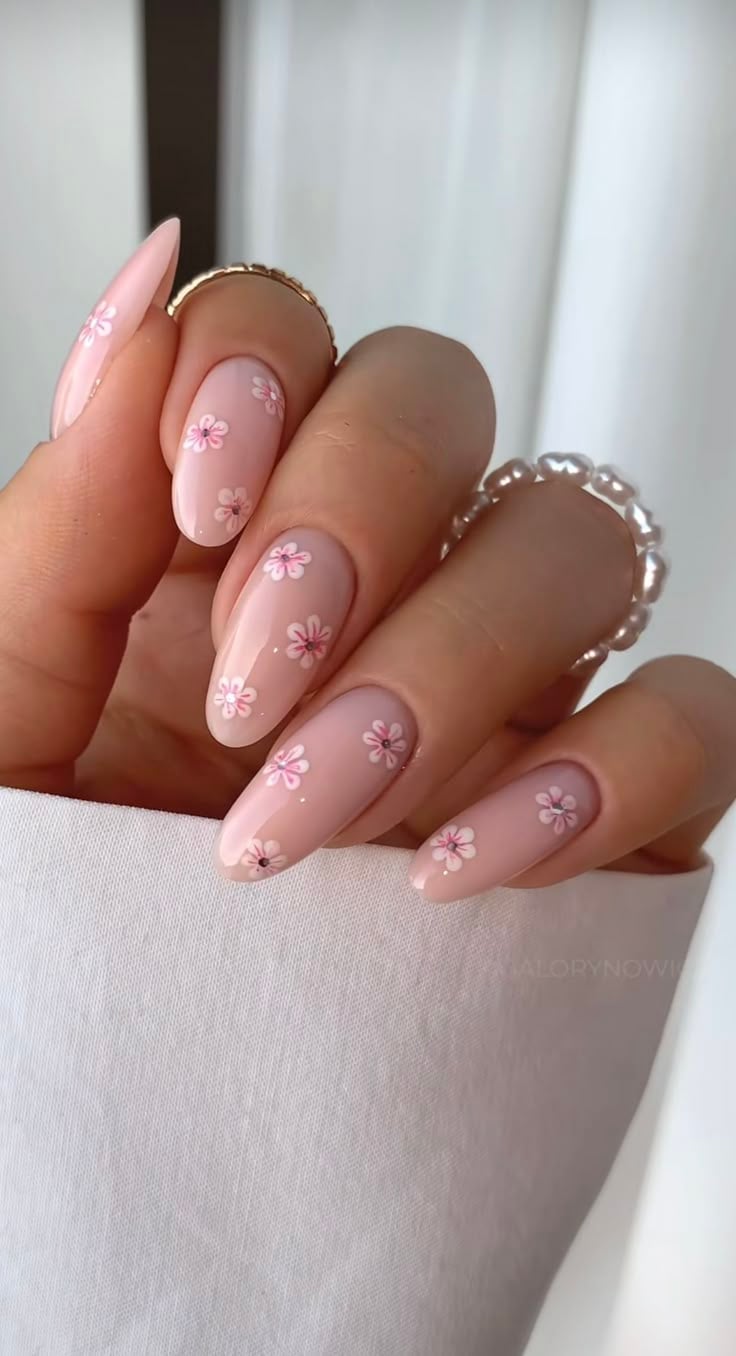 Sheer Pink Floral Long Almond Nails Sheer Pink Floral Long Almond Nails — Nails for Pink Dress