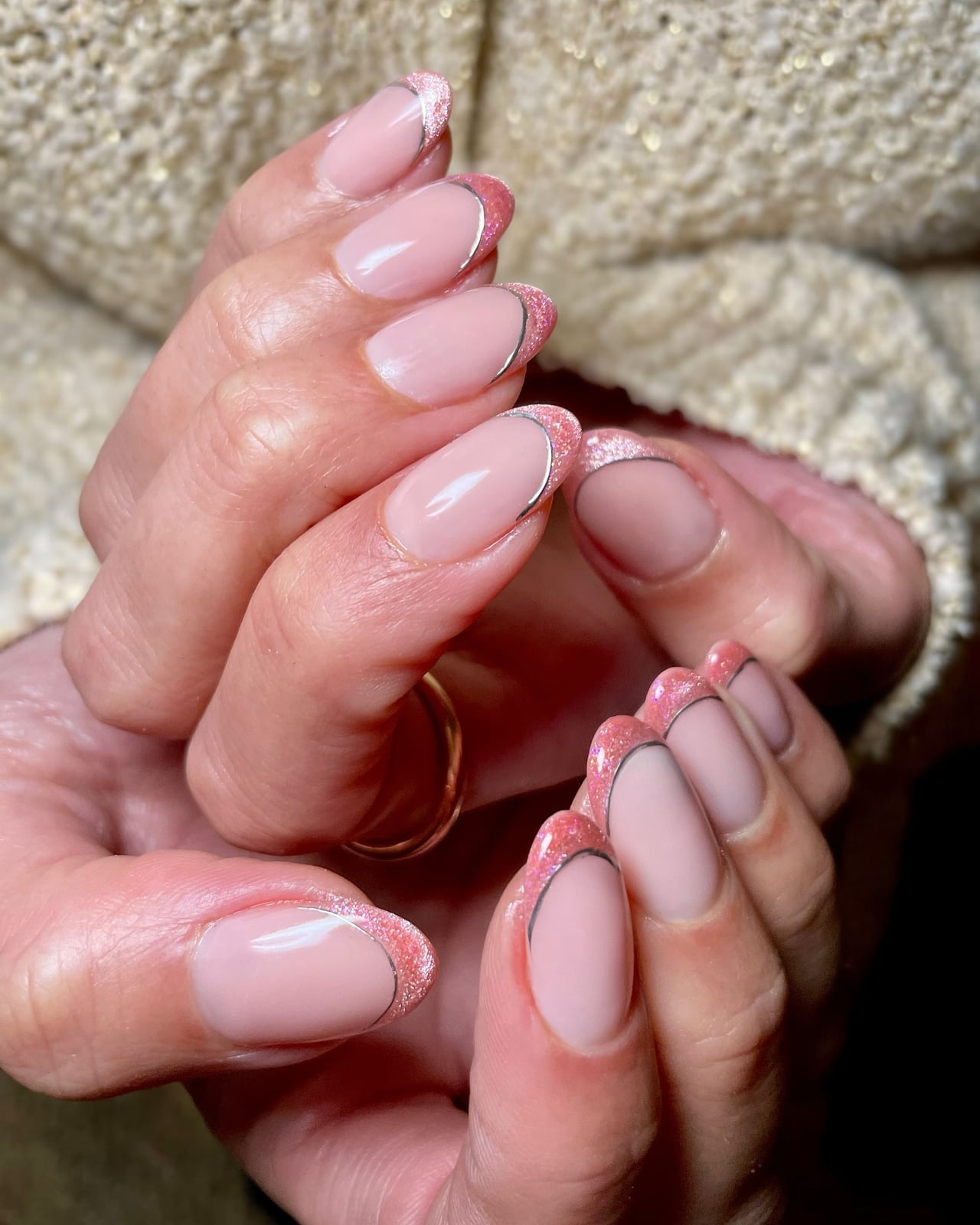 Sheer Pink Glitter French Almond Nails Sheer Pink Glitter French Almond Nails — Nails for Pink Dress