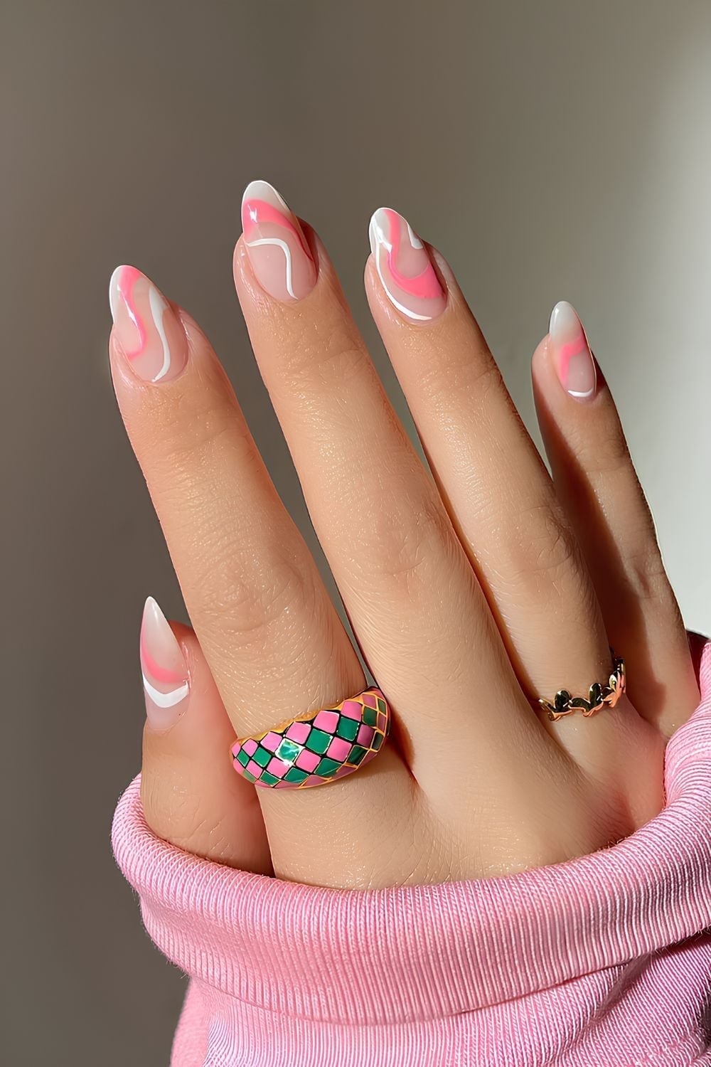 Sheer Base Abstract Swirls Medium Almond Nails Sheer Base Abstract Swirls Medium Almond Nails — Nails for Pink Dress