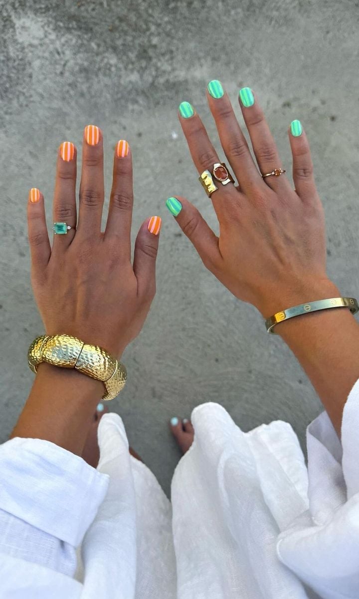 Orange and Mint Green Horizontal Stripe Short Square Nails Orange and Mint Green Horizontal Stripe Short Square Nails — Nails for Tan Skin