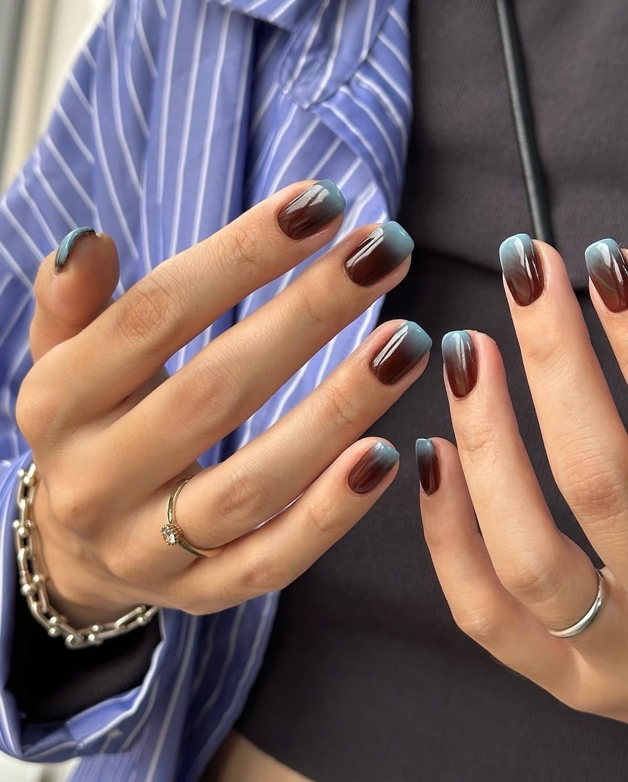 Brown to Dusty Blue Ombre Short Square Nails Brown to Dusty Blue Ombre Short Square Nails — Nails for Tan Skin