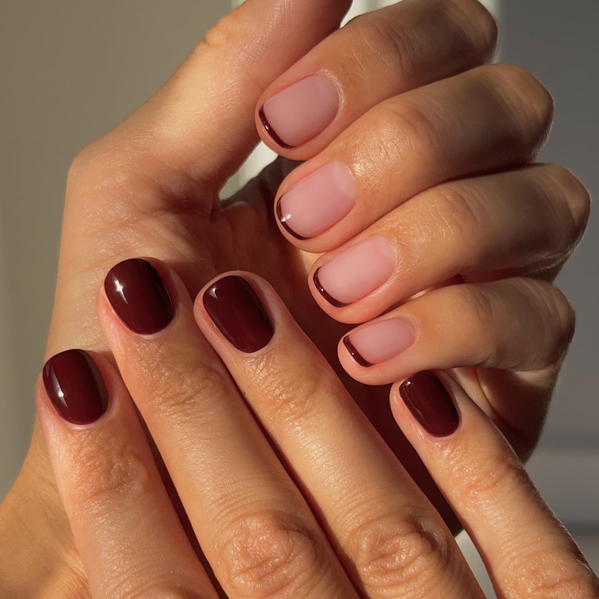 Sheer Pink With Dark Brown French Tip Short Oval Nails Sheer Pink With Dark Brown French Tip Short Oval Nails — Nails for Tan Skin