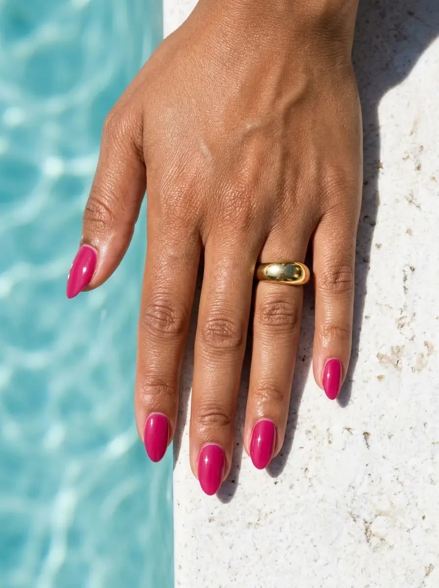 Vibrant Pink Glossy Short Oval Nails Vibrant Pink Glossy Short Oval Nails — Nails for Tan Skin