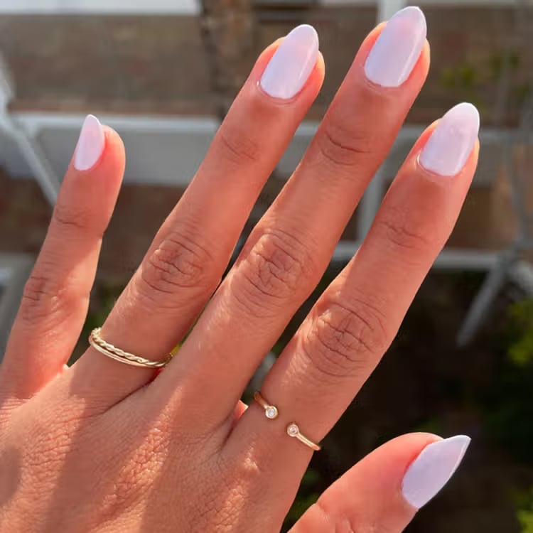 Pale Lilac Nude Milky Glossy Short Almond Nails Pale Lilac Nude Milky Glossy Short Almond Nails — Nails for Tan Skin