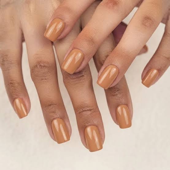 Warm Medium Beige Glossy Short Square Nails Warm Medium Beige Glossy Short Square Nails — Nails for Tan Skin