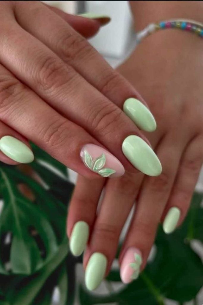 Light Green Short Almond With 3D Leaf Accent Nail Light Green Short Almond With 3D Leaf Accent Nail — Nails for Tan Skin