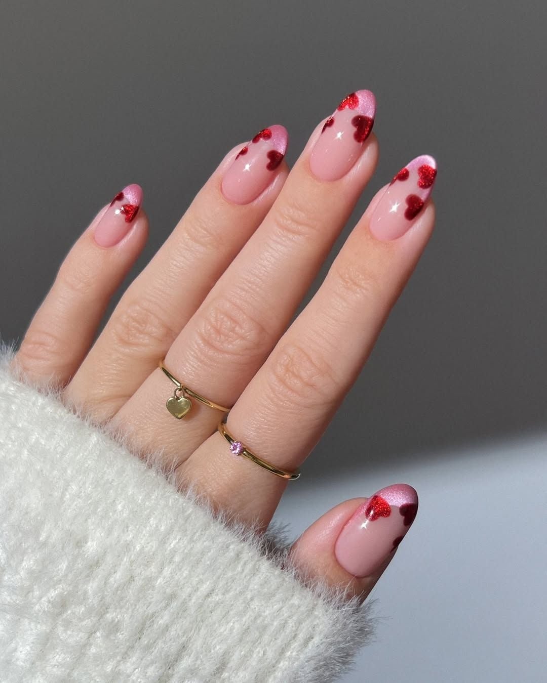 Medium Almond Pink Glitter Heart French Nails Medium Almond Pink Glitter Heart French Nails — Nails for Teens