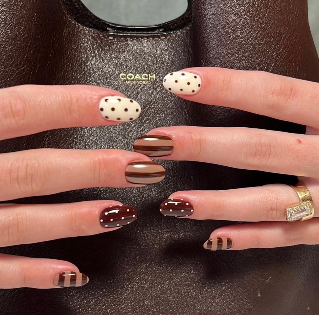 Short Oval Brown Cream White Polka Dot Stripe Nails, Close-Up Take Short Oval Brown Cream White Polka Dot Stripe Nails, Close-Up Take — Nails for Teens