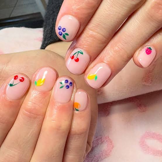 Short Oval Pink Fruit Motif Nails Short Oval Pink Fruit Motif Nails — Nails for Teens