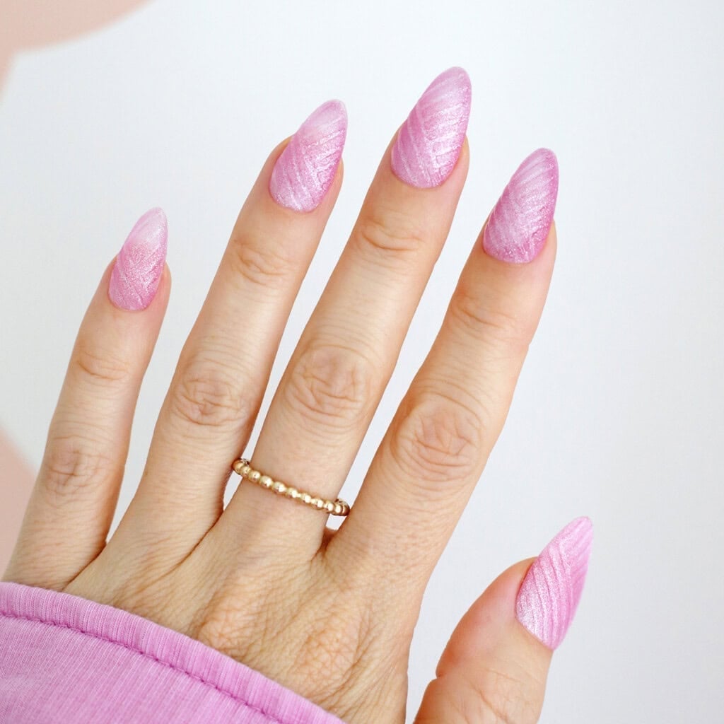 Medium Almond Pink Shimmer Textured Nails Medium Almond Pink Shimmer Textured Nails — Nails for Teens