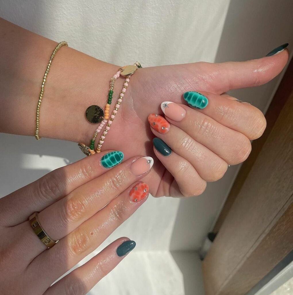 Medium Oval Summer Fruit Stripe Nails, Close-Up Take Medium Oval Summer Fruit Stripe Nails, Close-Up Take — Nails for Teens