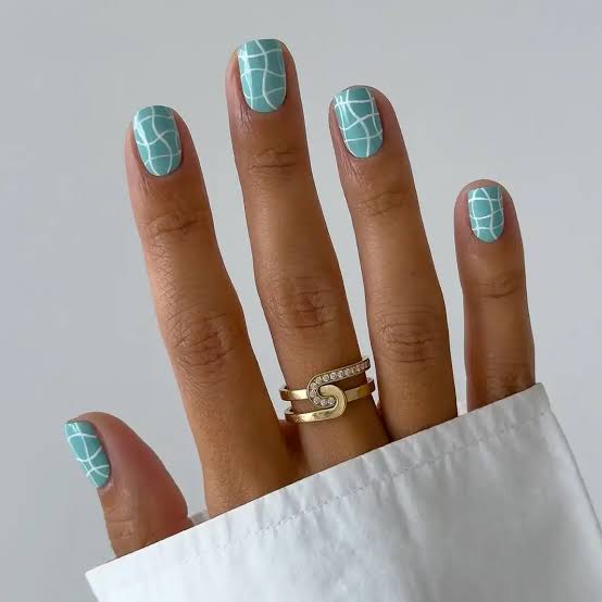 Short Soft Square Turquoise Grid Nails Short Soft Square Turquoise Grid Nails — Nails for Teens