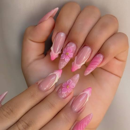 Long Stiletto Nude Pink 3D Floral Jelly Nails Long Stiletto Nude Pink 3D Floral Jelly Nails — Nails for Teens