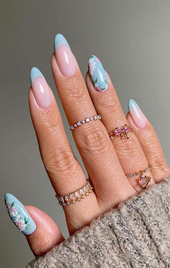 Medium Almond Light Blue French Floral Nails Medium Almond Light Blue French Floral Nails — Nails for Teens