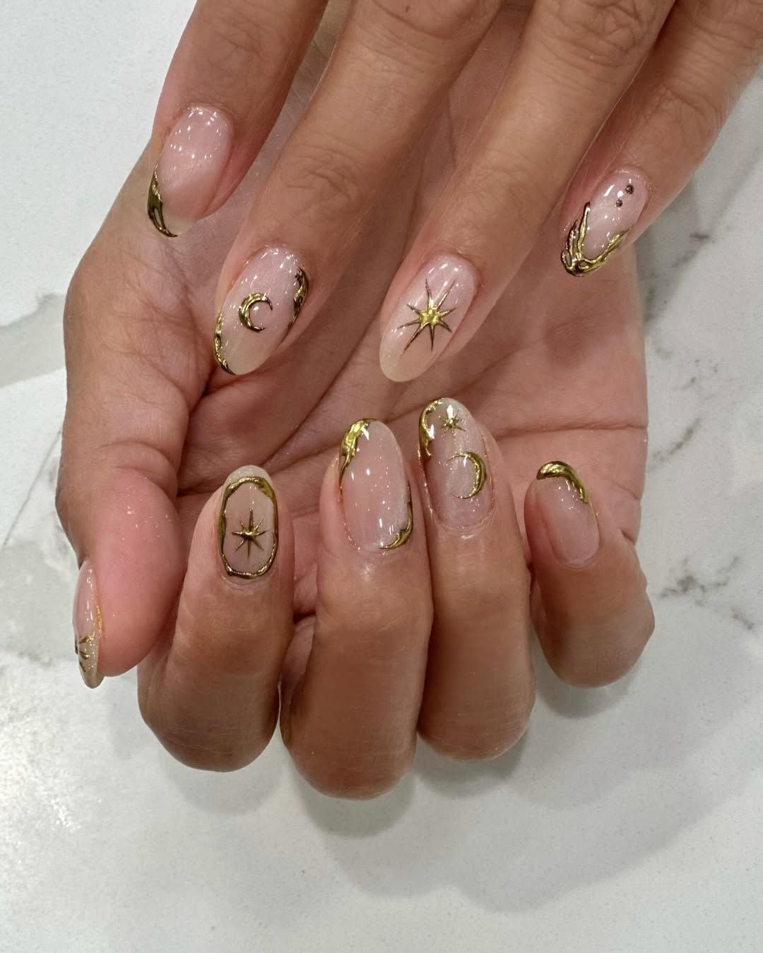 Short Oval Nude Gold Celestial Nails Short Oval Nude Gold Celestial Nails — Nails for Teens