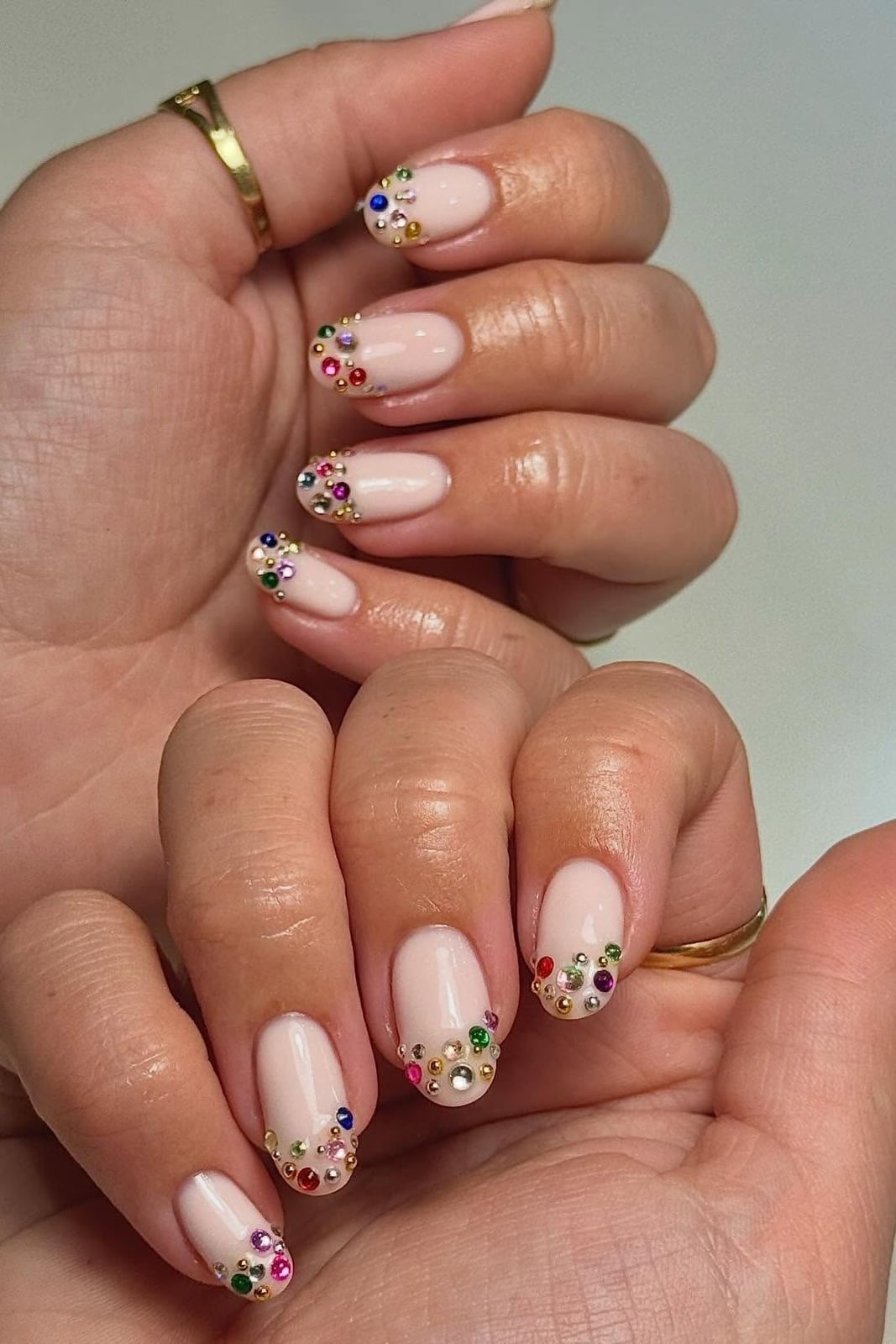 Short Almond Pink Nude Rhinestone Smile Line Nails Short Almond Pink Nude Rhinestone Smile Line Nails — Nails for Teens