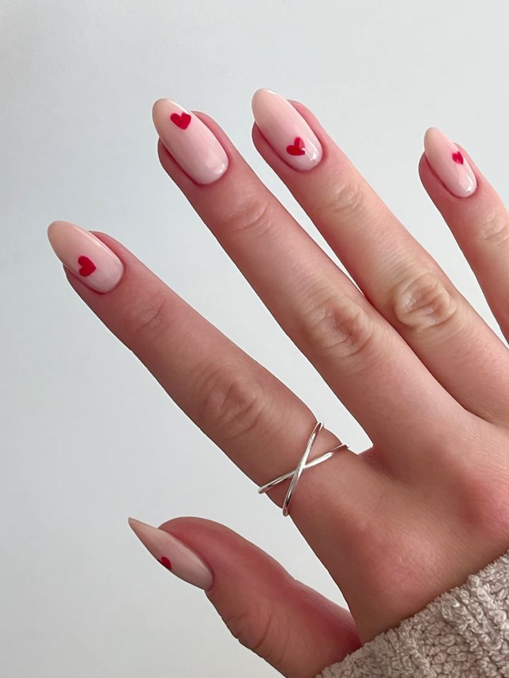 Medium Almond Nude Heart Accent Nails Medium Almond Nude Heart Accent Nails — Nails for Teens