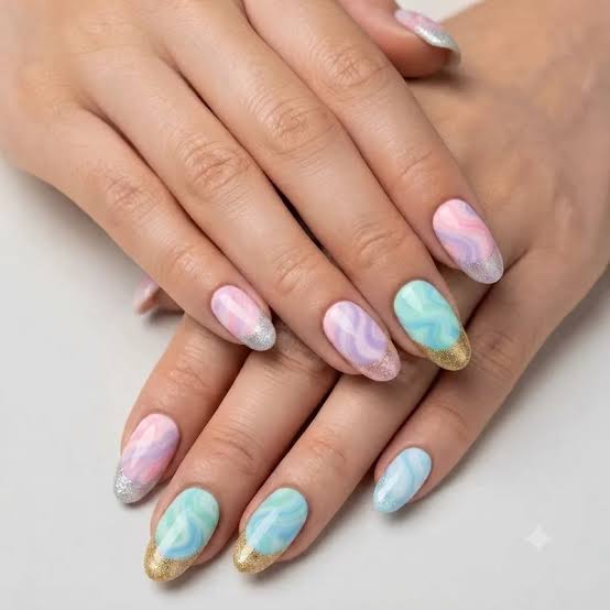 Medium Almond Pastel Swirl With Glitter French Medium Almond Pastel Swirl With Glitter French — Nails for Tweens