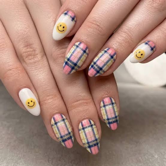 Medium Almond Plaid With Smiley Faces Medium Almond Plaid With Smiley Faces — Nails for Tweens