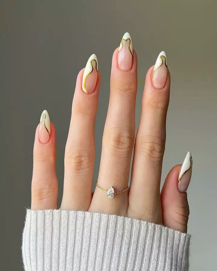 Long Almond Modern French With Gold Lines, Nude Base Long Almond Modern French With Gold Lines, Nude Base — Nails for Tweens