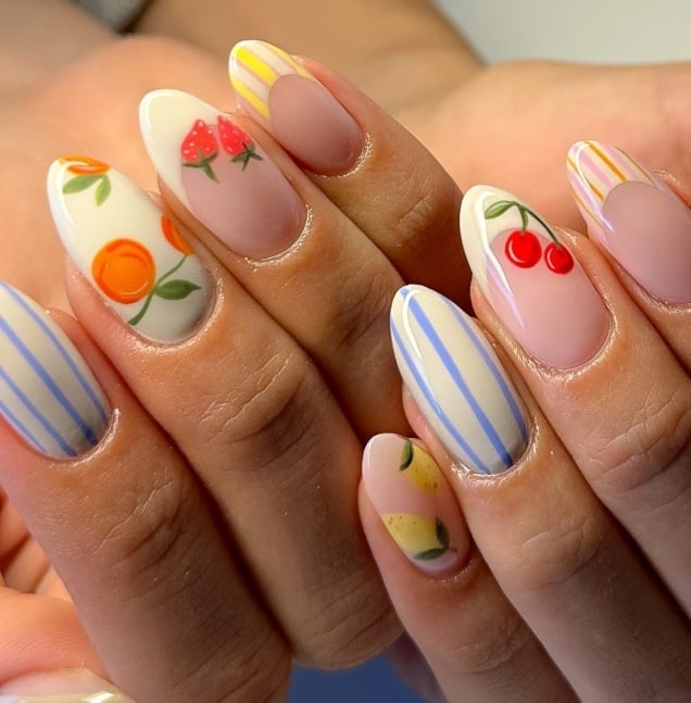 Medium Almond With Pastel Fruit Motifs Medium Almond With Pastel Fruit Motifs — Nails for Tweens