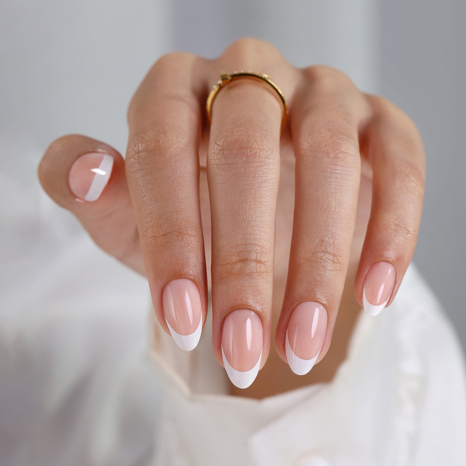 Short Almond Sheer Nude French Tip Nails — Nails for White Dress
