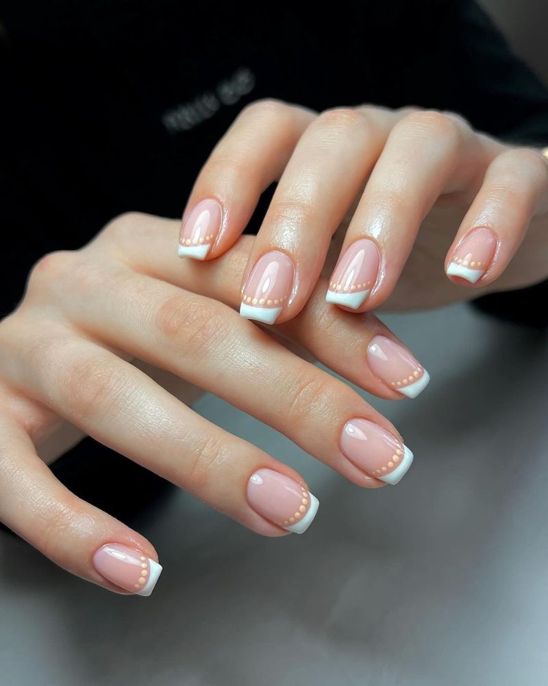 Short Square Sheer Nude Gold Dot French Nails — Nails for White Dress