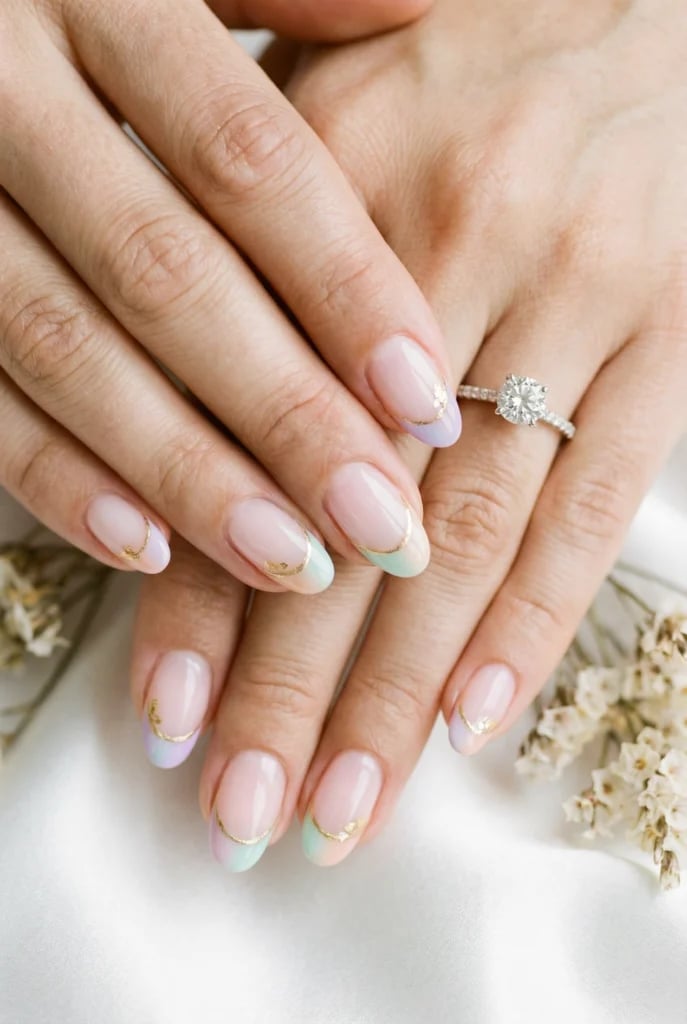 Short Oval Sheer Pink Pastel French Foil Nails — Nails for White Dress