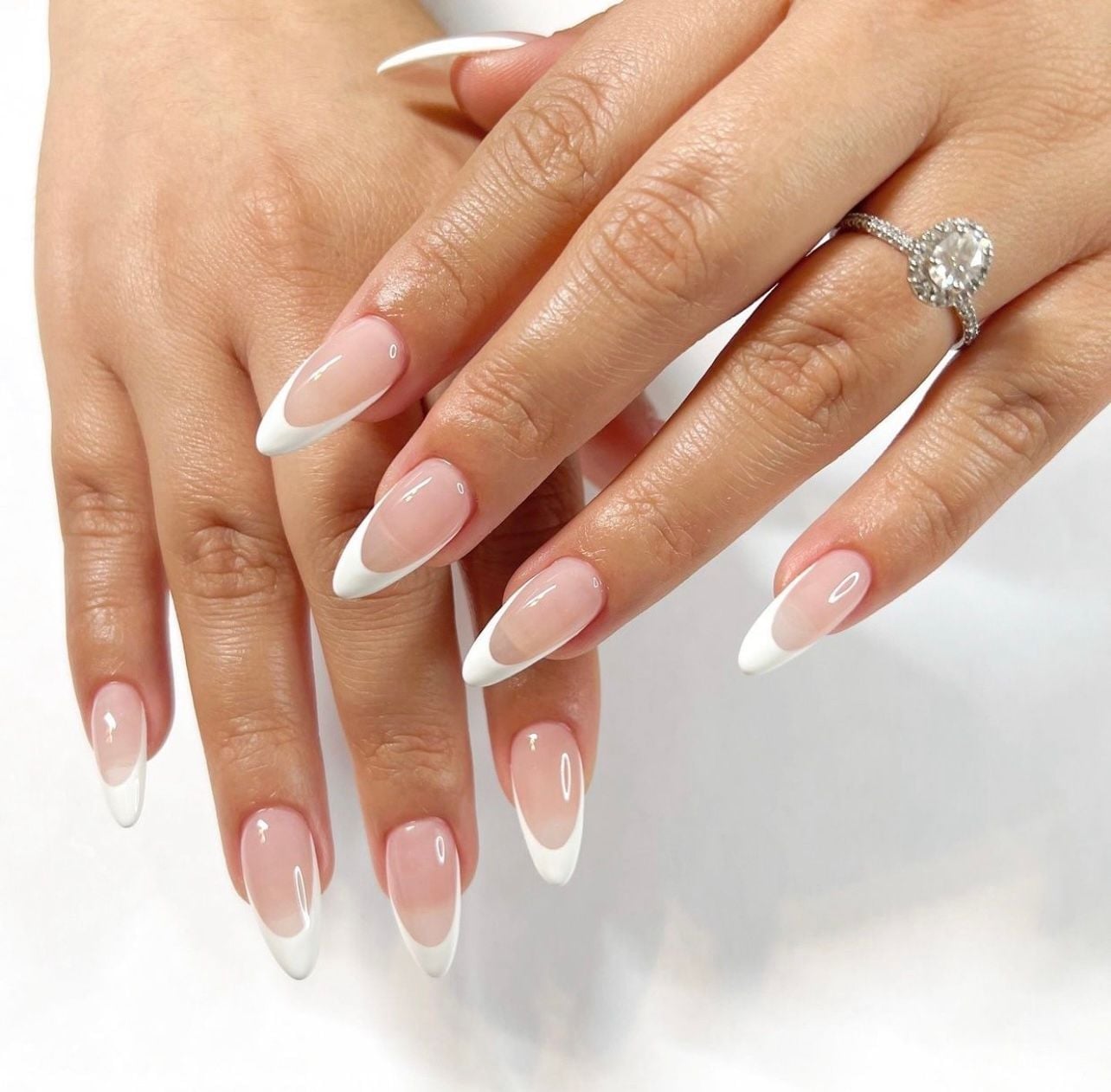 Medium Almond Sheer Pink Nude White French Tip Nails, Glossy — Nails for White Dress