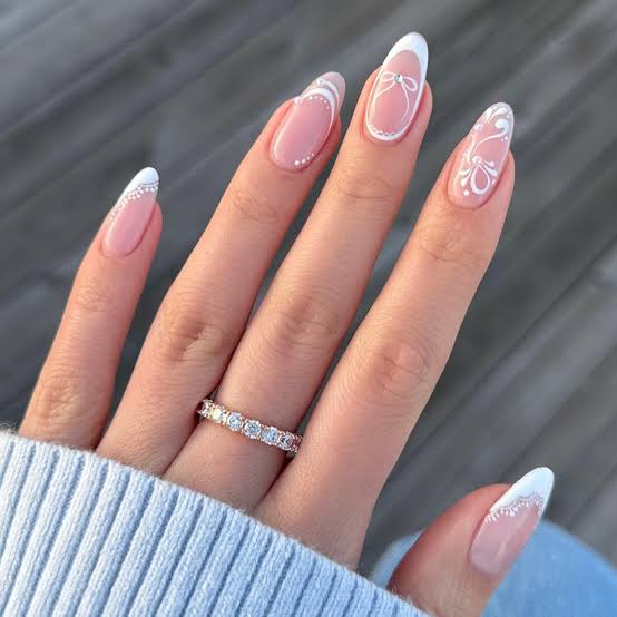 Medium Almond Sheer Pink White Lace Art Nails, Close-Up Take — Nails for White Dress