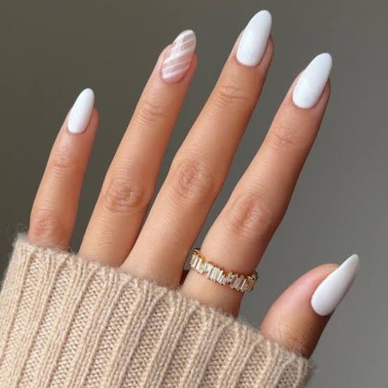 Medium Almond Solid White Stripe Design Nails — Nails for White Dress