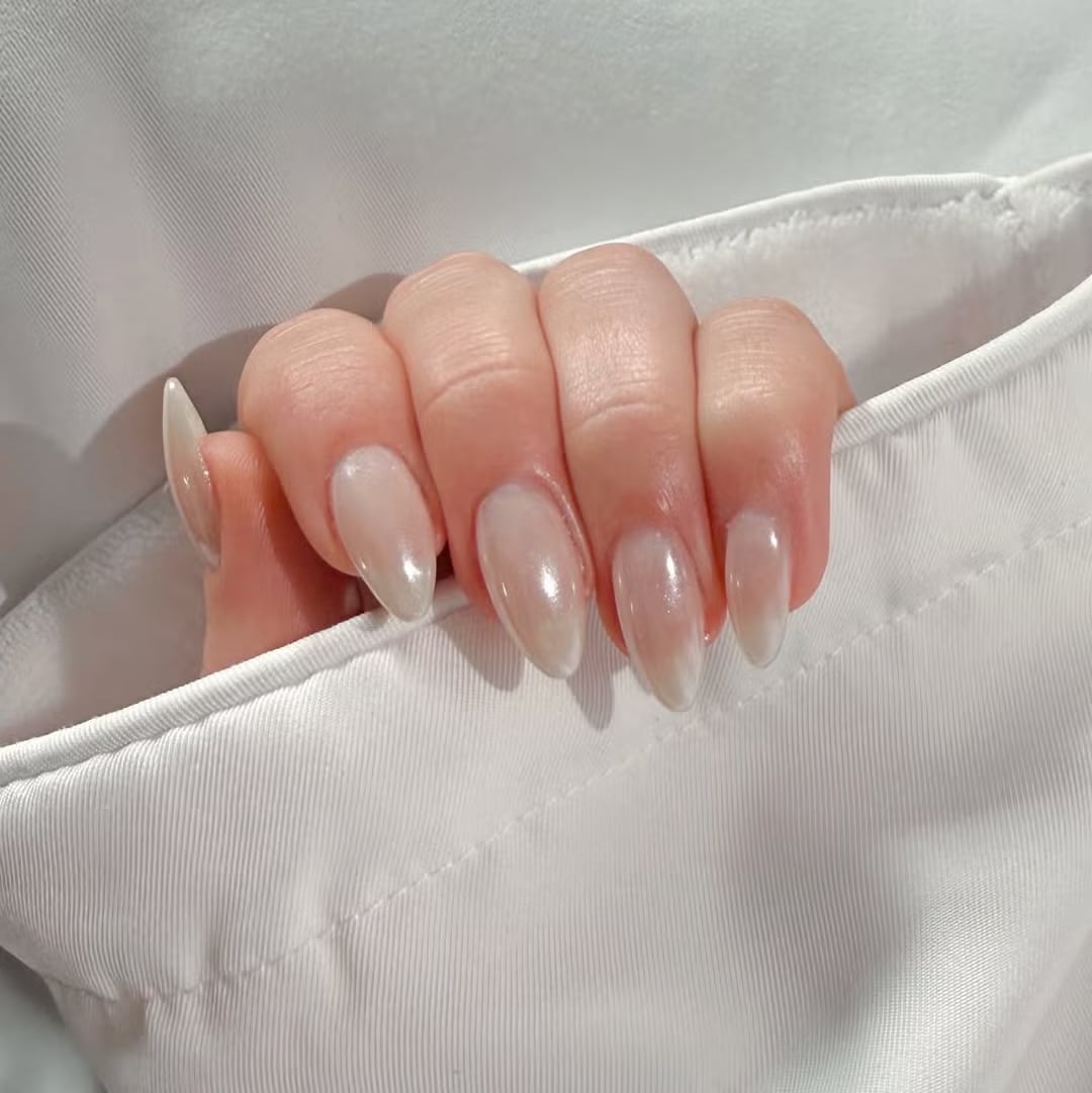 Medium Almond Sheer Milky White Glossy Nails — Nails for White Dress