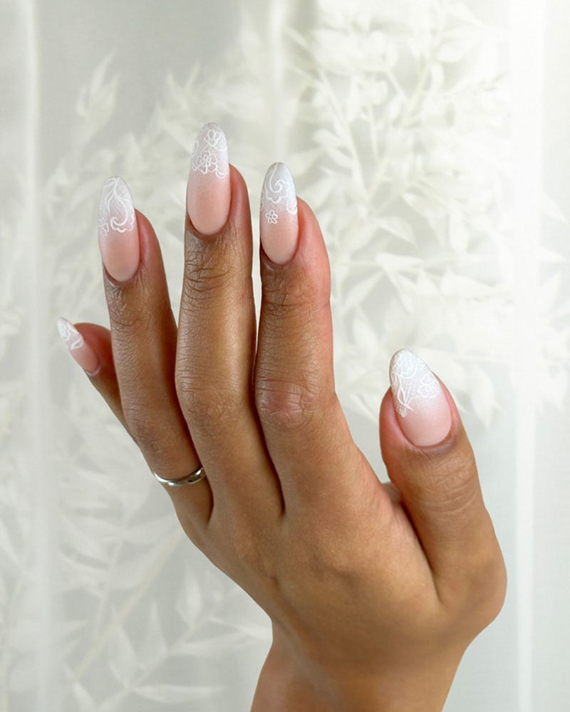 Medium Oval Nude to White Gradient Lace Nails — Nails for White Dress
