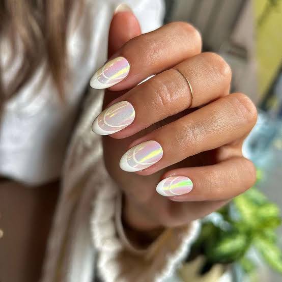 Medium Almond White Iridescent Line French Nails — Nails for White Dress