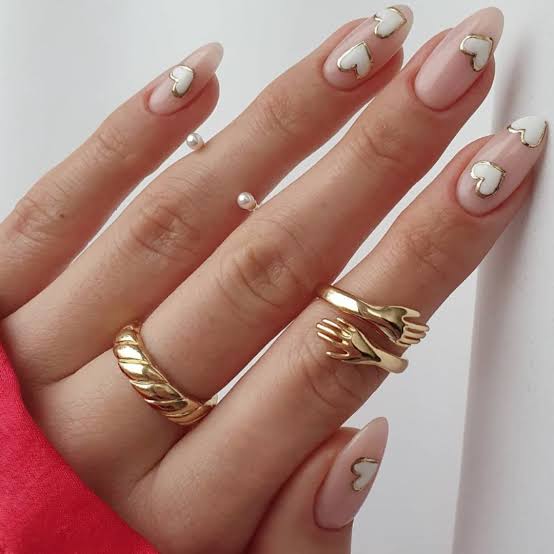 Medium Almond Nude White Gold Heart Decal Nails — Nails for White Dress