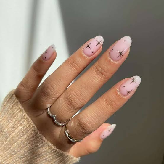 Medium Almond Nude White Black Star Dot Nails — Nails for White Dress
