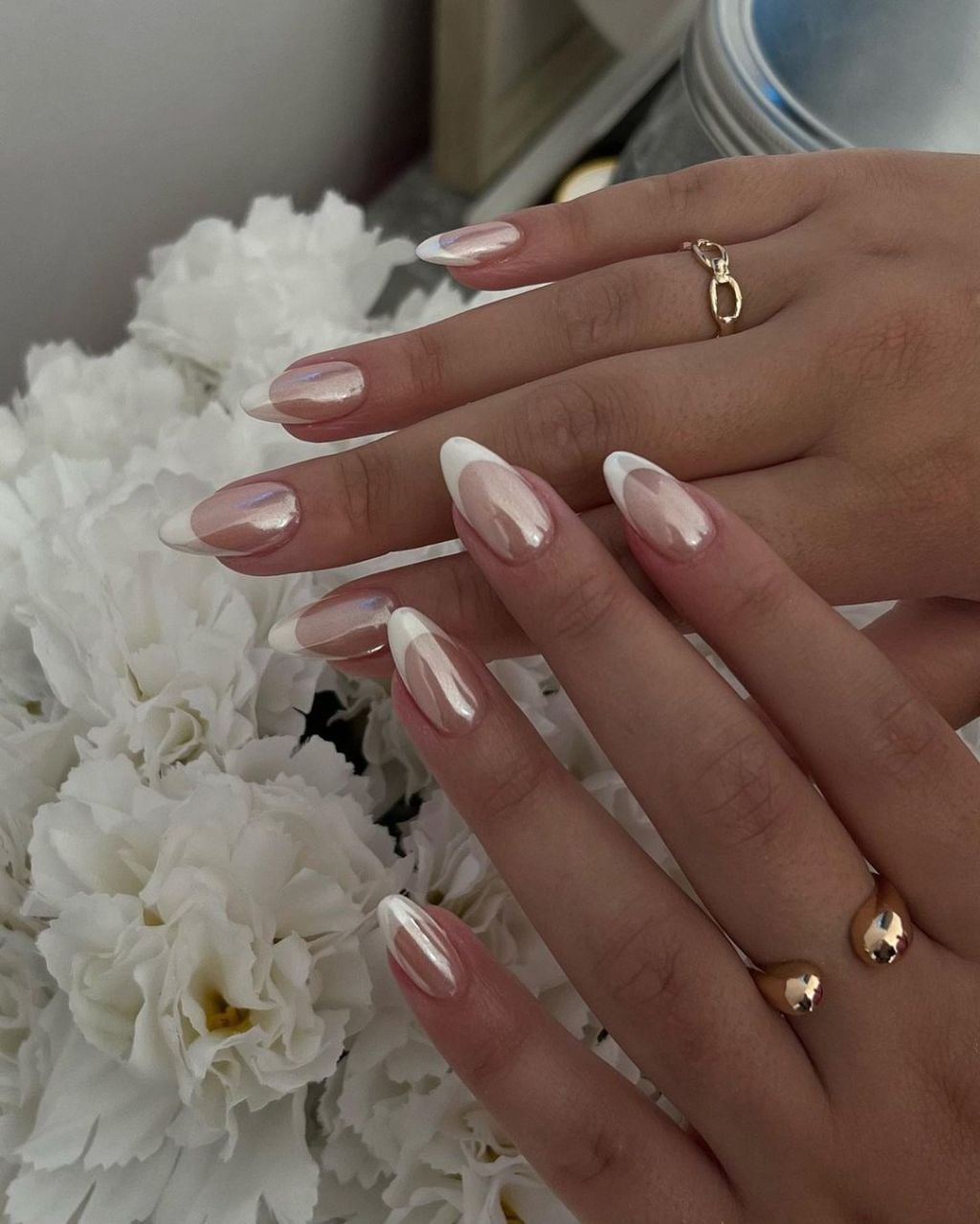 Medium Almond Sheer Nude White Chrome French Tip, Everyday Version — Nails for White Dress