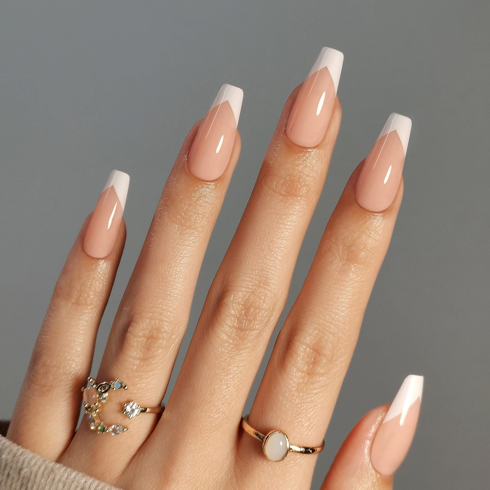 Long Coffin Sheer Nude White French Tip Nails — Nails for White Dress