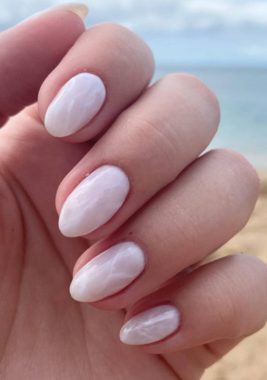 Short Almond Milky White Marbled Nails — Nails for White Dress